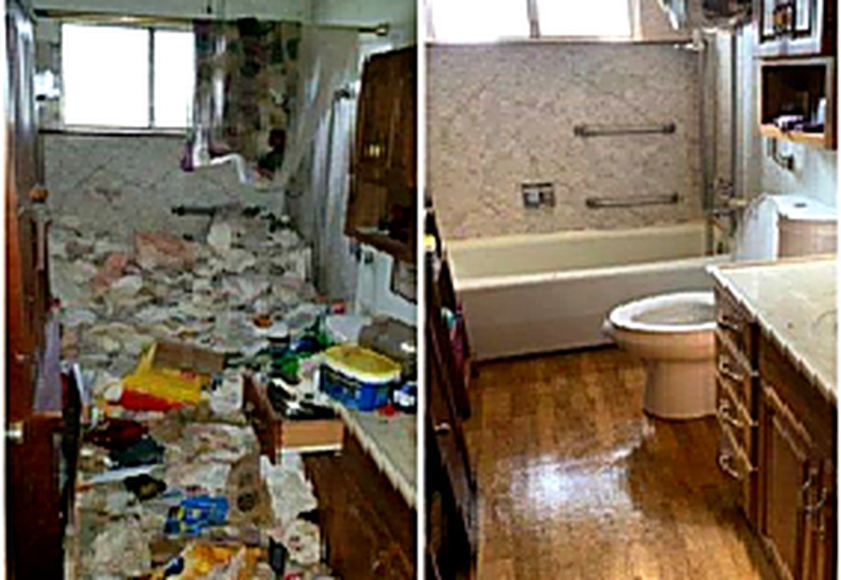 Before and after bathroom cleanup comparison showing professional results
